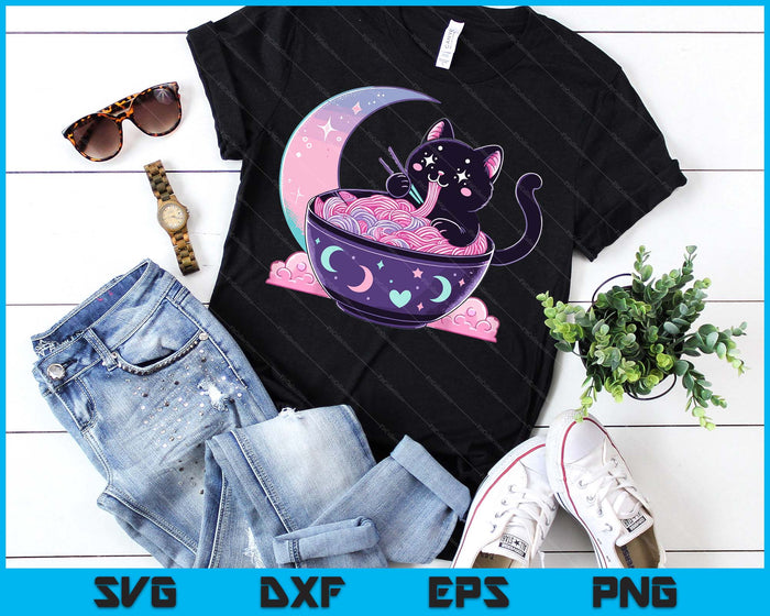 Pastel Goth Aesthetic Kawaii Cat Eating Ramen Noodles SVG PNG Digital Printable Files