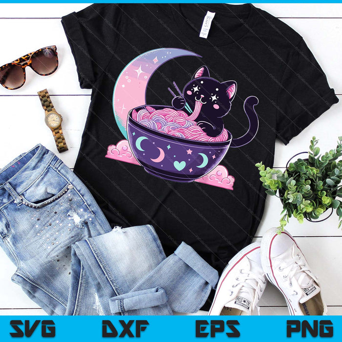 Pastel Goth Aesthetic Kawaii Cat Eating Ramen Noodles SVG PNG Digital Printable Files