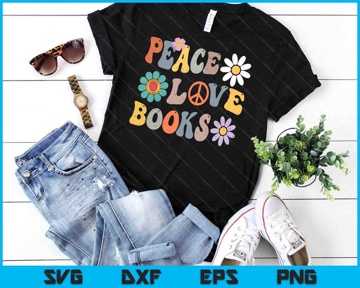 Peace Love Books Groovy Bookworm Book Nerd Reading Teacher SVG PNG Digital Cutting File