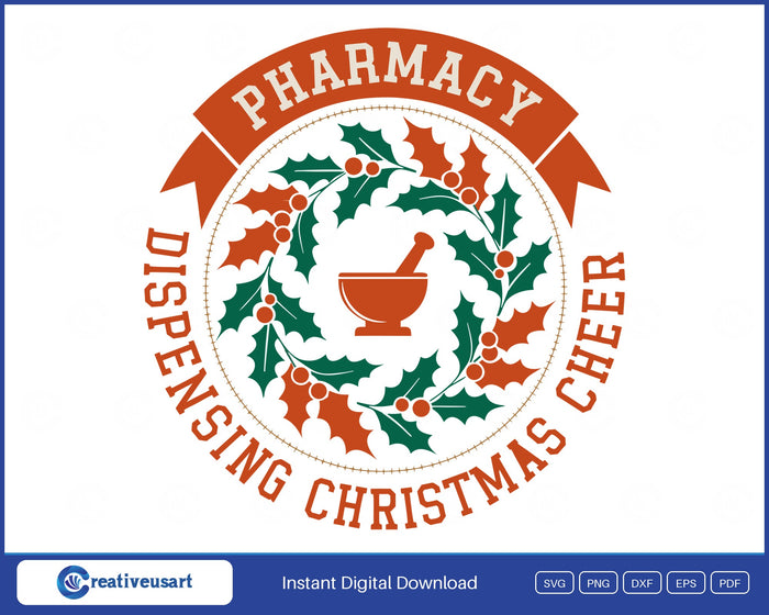 Dispensing Christmas Cheer mortar and pestle holly wreath SVG printed on a white t-shirt
