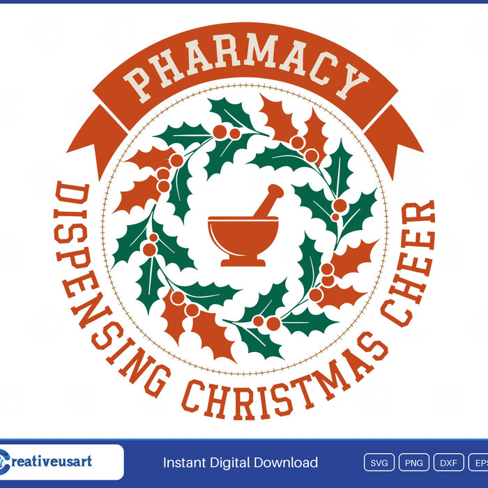 Dispensing Christmas Cheer mortar and pestle holly wreath SVG printed on a white t-shirt
