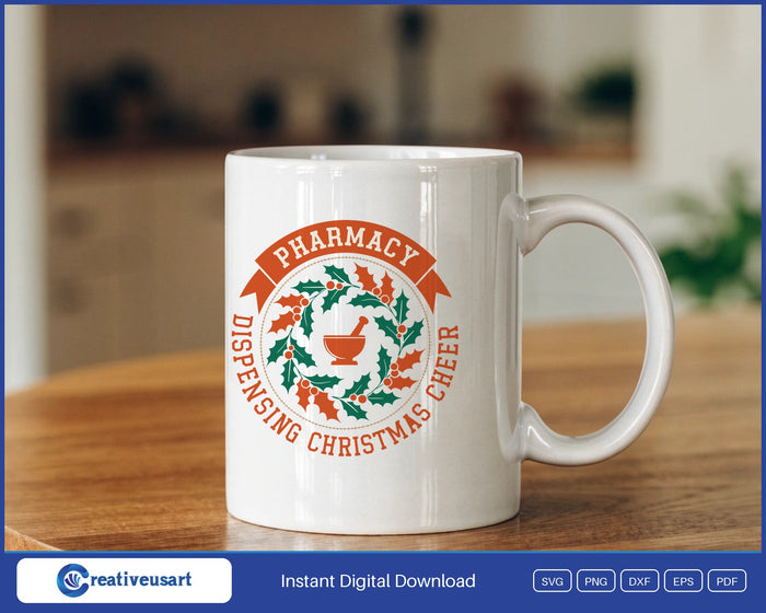 Dispensing Christmas Cheer mortar and pestle holly wreath SVG design on a white coffee mug