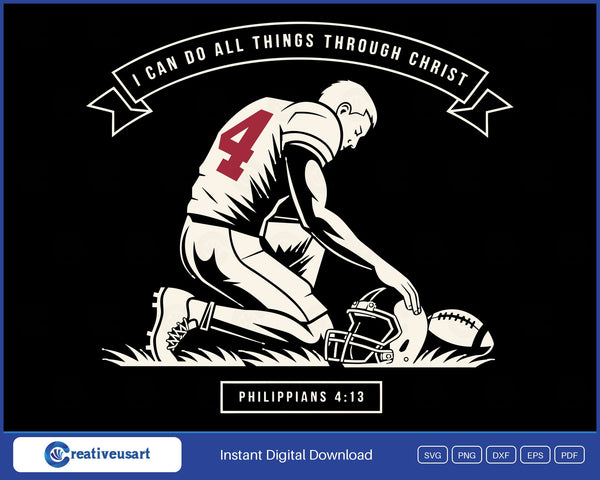 Philippians 4:13 Football Player Kneeling In Prayer SVG, vintage linocut of a football player kneeling with one hand on his helmet