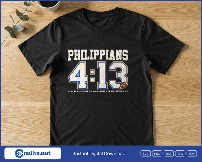 Philippians 4:13 Football Varsity design printed on a black t-shirt