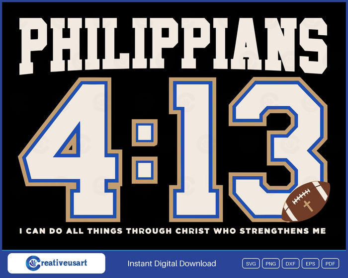 Philippians 4:13 Football Varsity SVG, blue and gold stitched-look 4 13 lettering with a football and a gold cross