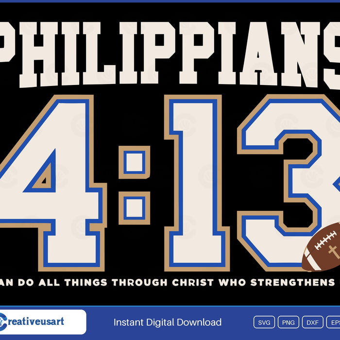Philippians 4:13 Football Varsity SVG, blue and gold stitched-look 4 13 lettering with a football and a gold cross