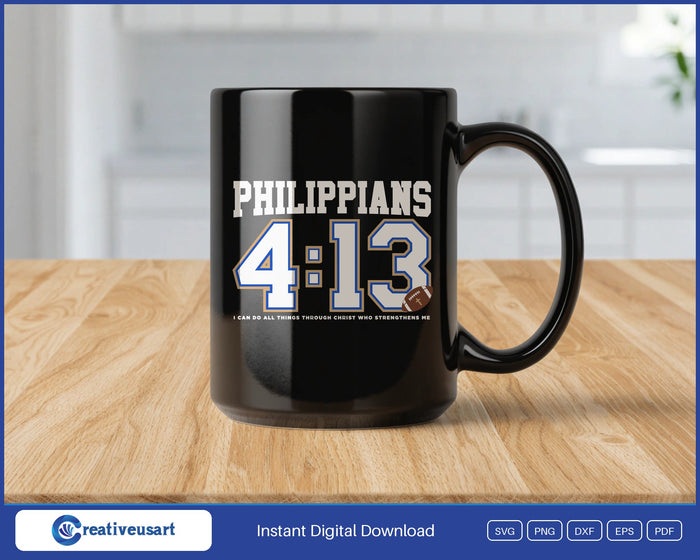 Philippians 4:13 Football Varsity design on a black coffee mug