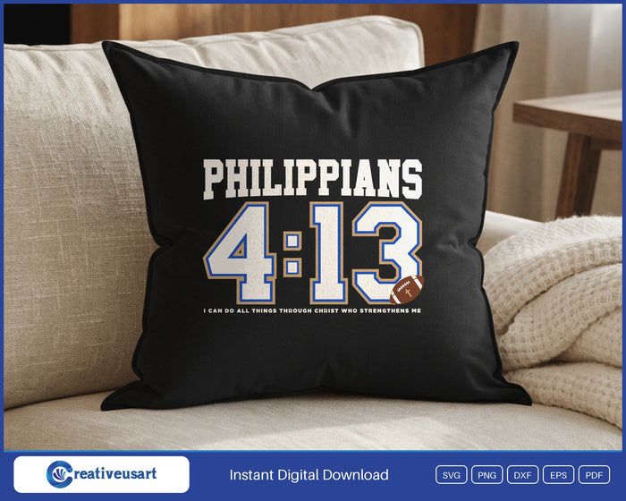 Philippians 4:13 Football Varsity design on a black throw pillow