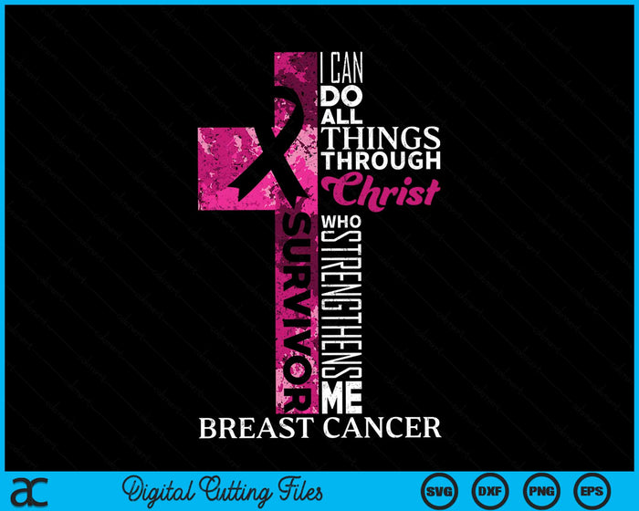 Pink Ribbon Breast Cancer Survivor Christian Cross SVG PNG Digital Cutting File