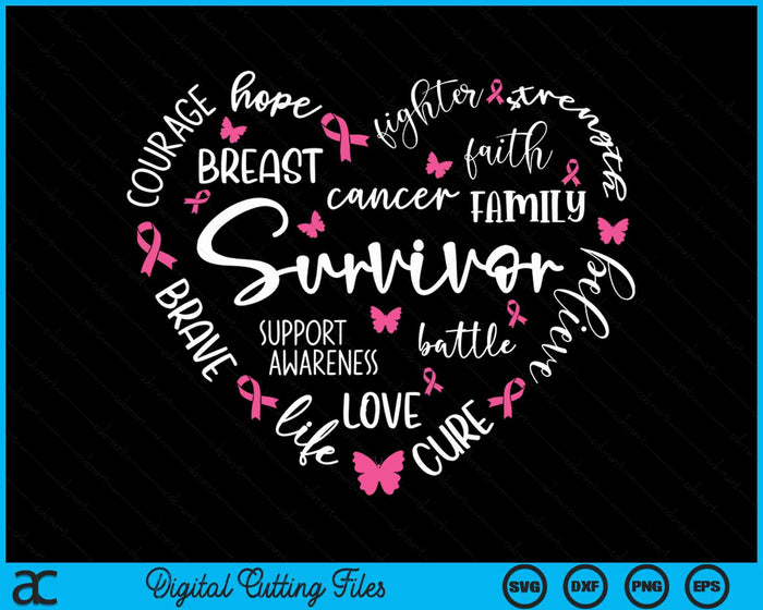 Pink Ribbon Heart Breast Cancer Awareness Survivor Warrior SVG PNG Digital Cutting File