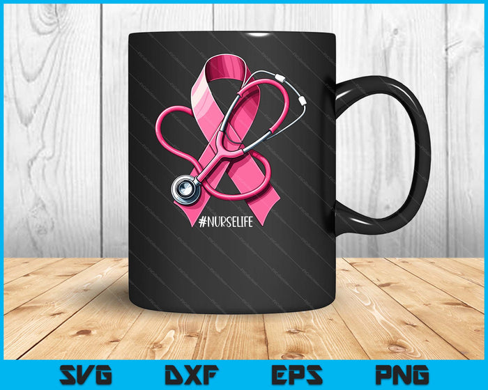 Pink Ribbon Stethoscope Nurse Life Breast Cancer Awareness SVG PNG Digital Printable Files