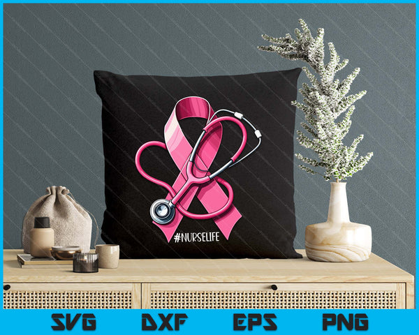 Pink Ribbon Stethoscope Nurse Life Breast Cancer Awareness SVG PNG Digital Printable Files