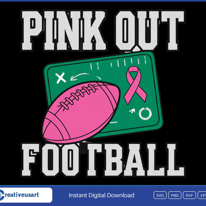 Pink Out Football SVG, pink football on a green play diagram card with a pink ribbon