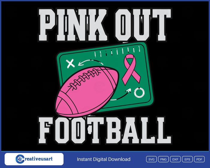 Pink Out Football, a pink football on a green chalkboard play diagram with a pink ribbon SVG design on a black background