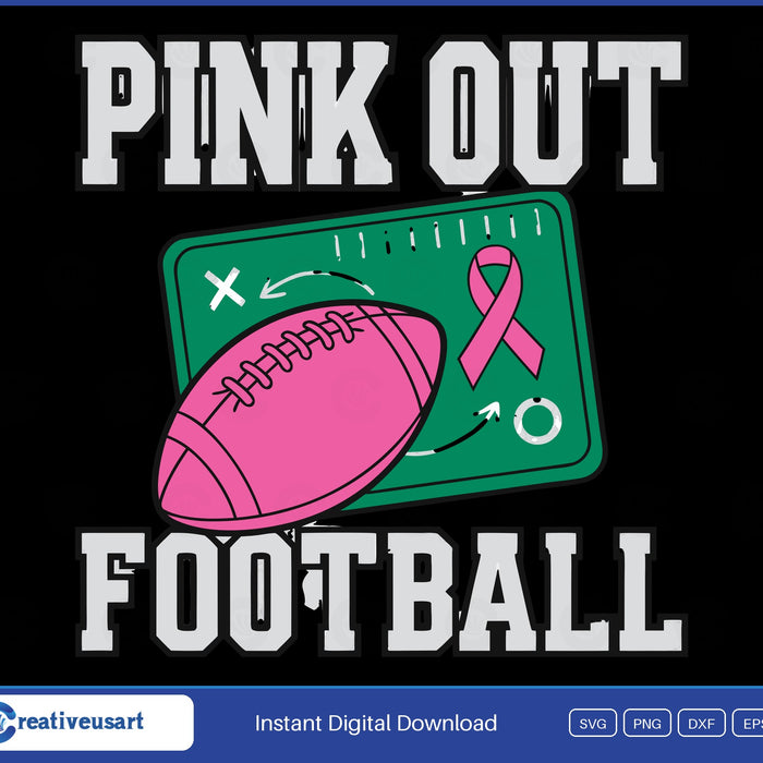 Pink Out Football, a pink football on a green chalkboard play diagram with a pink ribbon SVG design on a black background