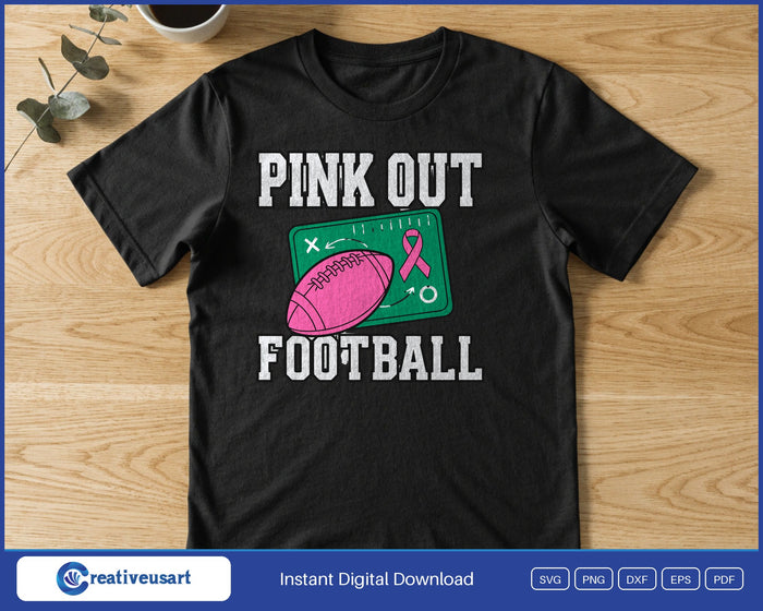Pink Out Football with a pink football on a chalkboard play diagram SVG printed on a black t-shirt