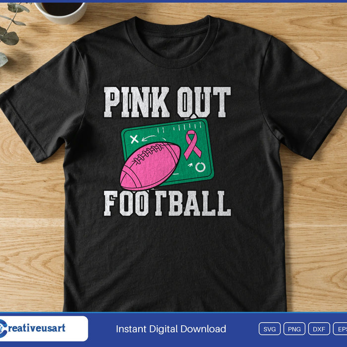 A pink football on a green play diagram chalkboard, between the words Pink Out and Football, on a black t-shirt