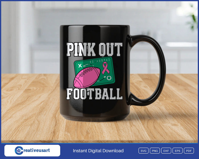 Pink Out Football with a pink football on a chalkboard play diagram SVG design on a black coffee mug