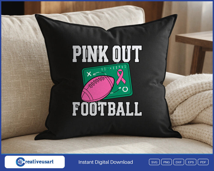 Pink Out Football with a pink football on a chalkboard play diagram SVG design on a black throw pillow