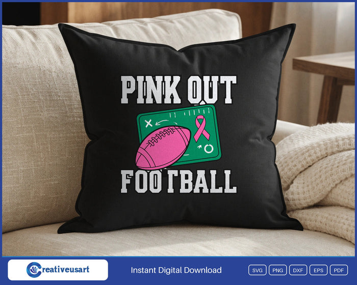 Pink Out Football with a pink football on a chalkboard play diagram SVG design on a black throw pillow