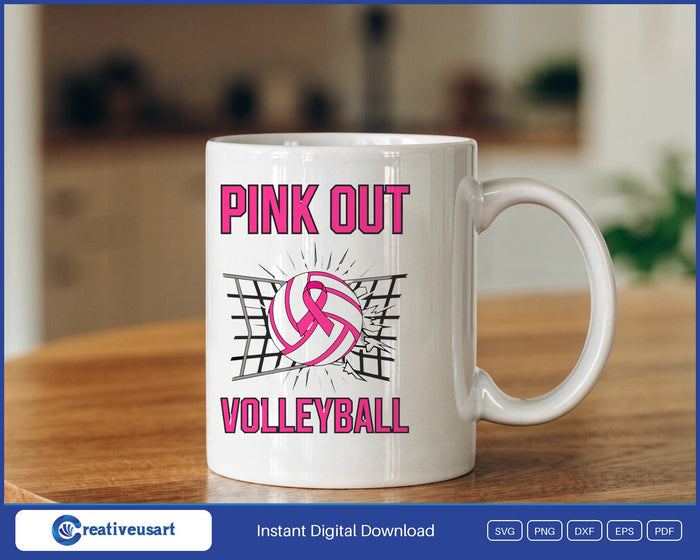 Pink Out Volleyball Breast Cancer SVG design on a white coffee mug