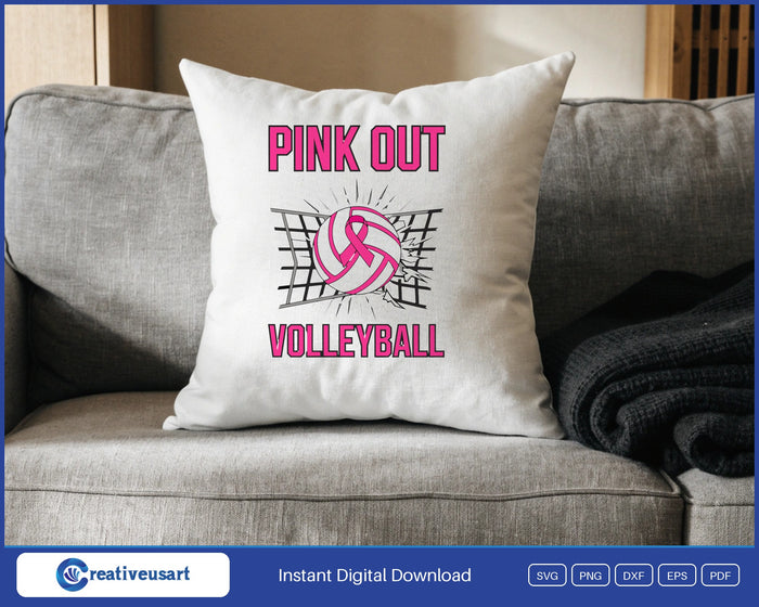 Pink Out Volleyball Breast Cancer SVG design on a white throw pillow