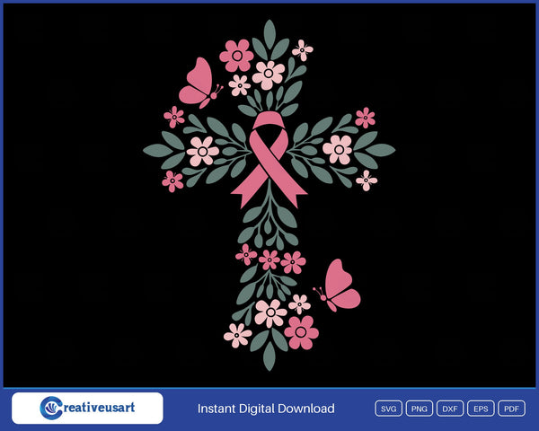 Pink ribbon floral cross with butterflies breast cancer SVG design on black background