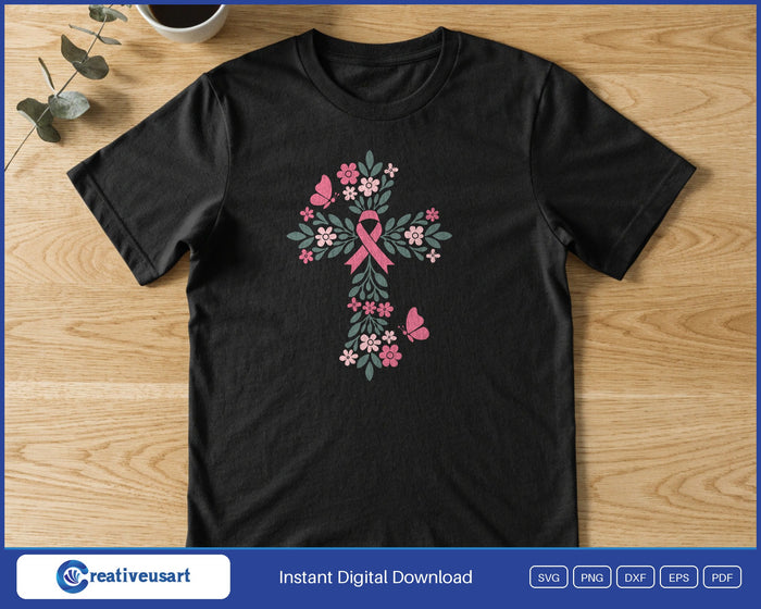 Pink ribbon floral cross with butterflies breast cancer SVG printed on a black t-shirt