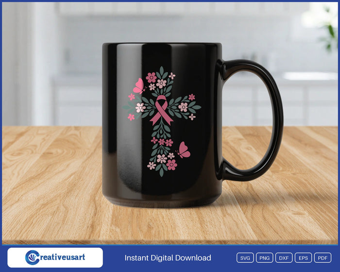 Pink ribbon floral cross with butterflies breast cancer SVG design on a black coffee mug