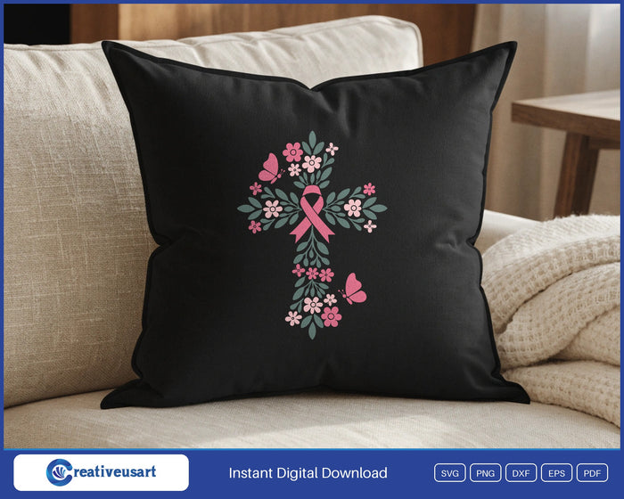 Pink ribbon floral cross with butterflies breast cancer SVG design on a black throw pillow