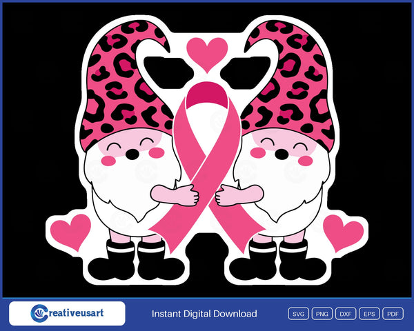 Pink ribbon gnomes in leopard hats breast cancer SVG design on black background