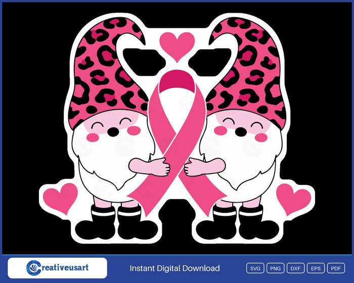 Pink ribbon gnomes in leopard hats breast cancer SVG design on black background