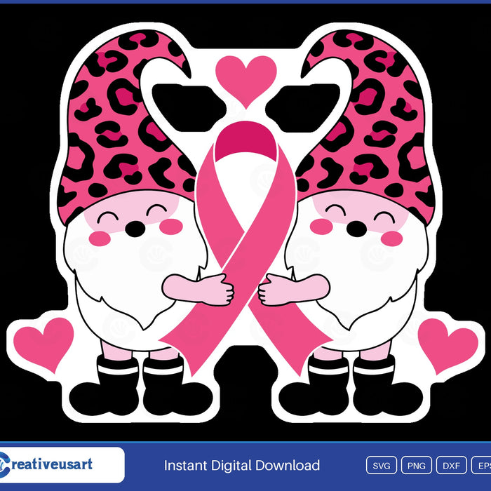 Pink ribbon gnomes in leopard hats breast cancer SVG design on black background