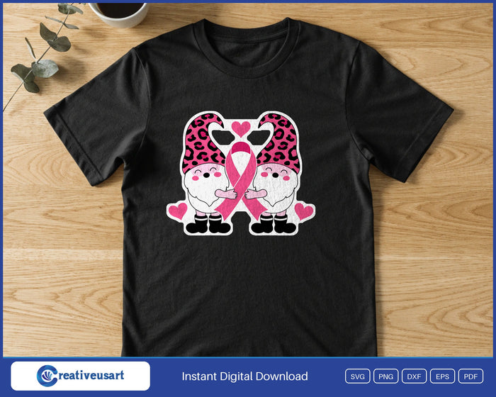 Pink ribbon gnomes in leopard hats breast cancer SVG printed on a black t-shirt