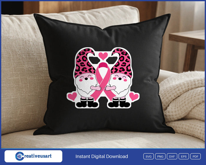 Pink ribbon gnomes in leopard hats breast cancer SVG design on a black throw pillow
