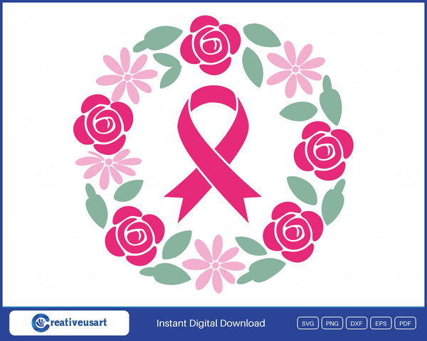 Pink ribbon flower wreath breast cancer SVG design on white background