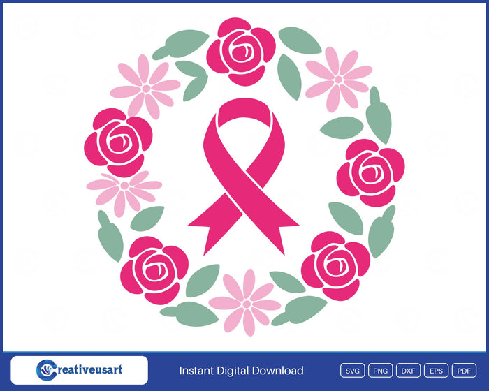 Pink ribbon flower wreath breast cancer SVG design on white background