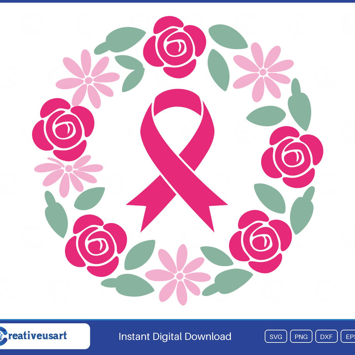 Pink ribbon flower wreath breast cancer SVG design on white background