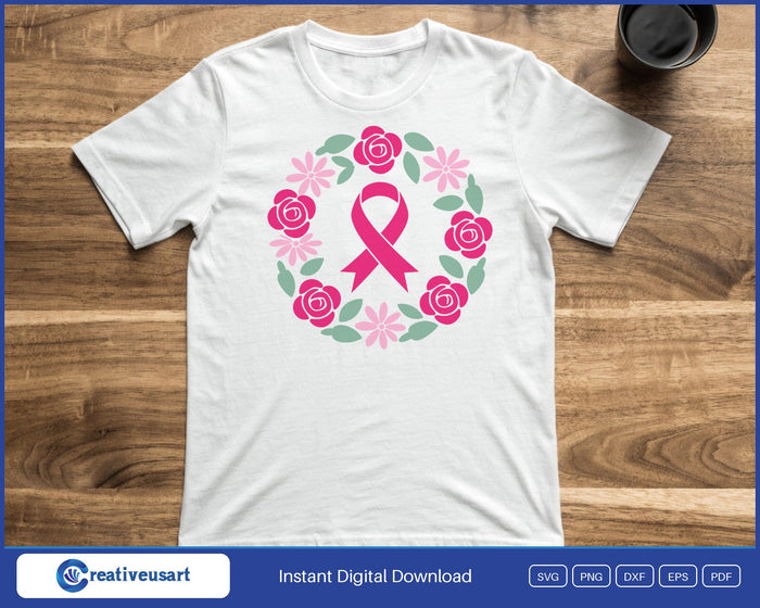 Pink ribbon flower wreath breast cancer SVG printed on a white t-shirt