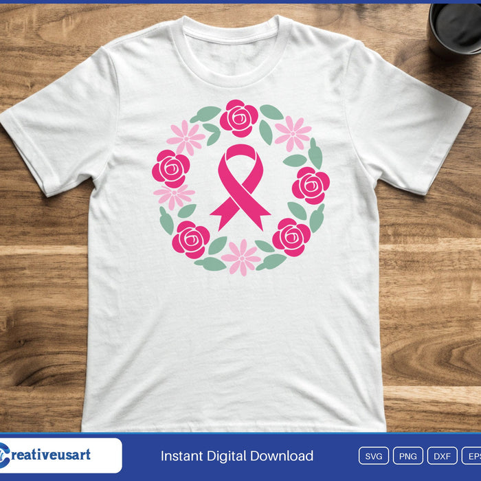 A pink ribbon inside a round wreath of pink roses, on a white t-shirt