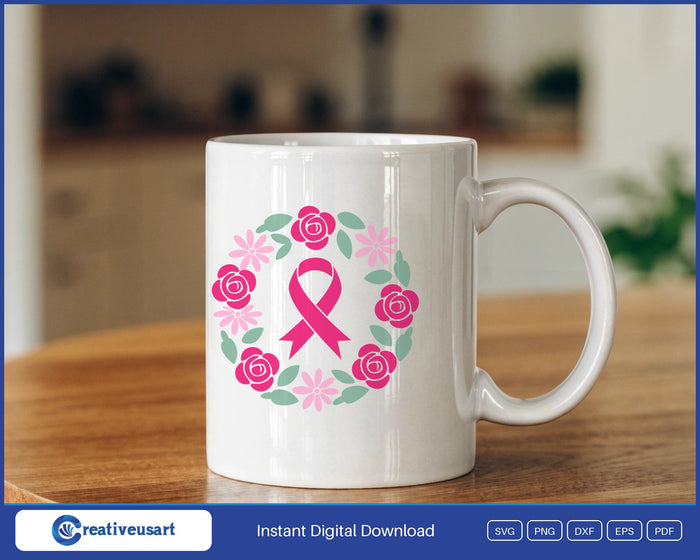 Pink ribbon flower wreath breast cancer SVG design on a white coffee mug