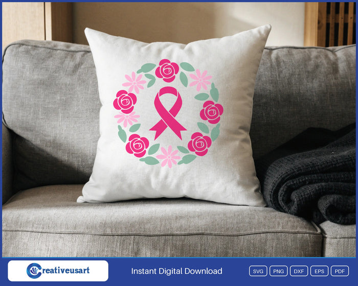 Pink ribbon flower wreath breast cancer SVG design on a white throw pillow