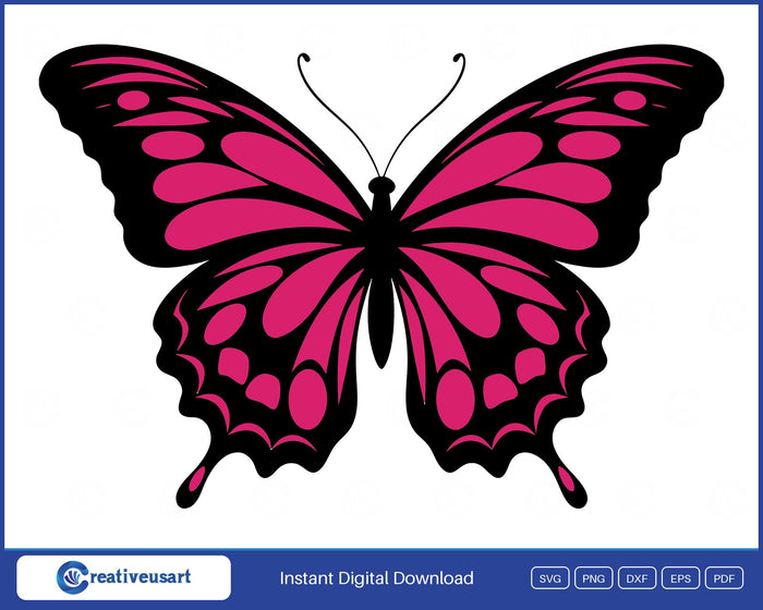 Pink and Black Butterfly with bold black wing outlines and pink patterned wings SVG design on a white background