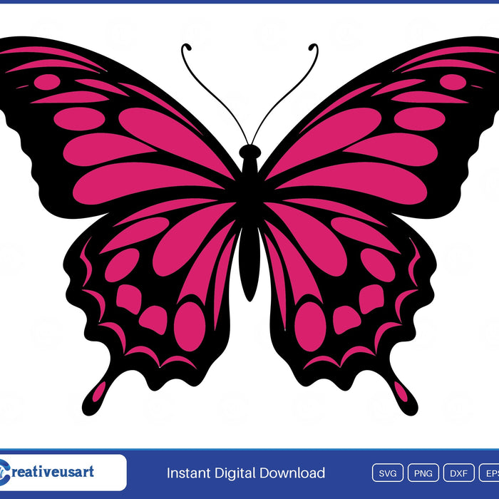 Pink and Black Butterfly with bold black wing outlines and pink patterned wings SVG design on a white background