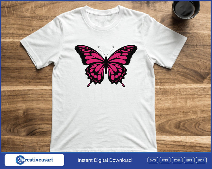 Pink and Black Butterfly with real black wing shapes SVG printed on a white t-shirt