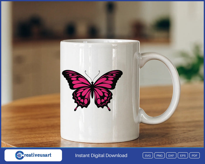 Pink and Black Butterfly with real black wing shapes SVG design on a white coffee mug