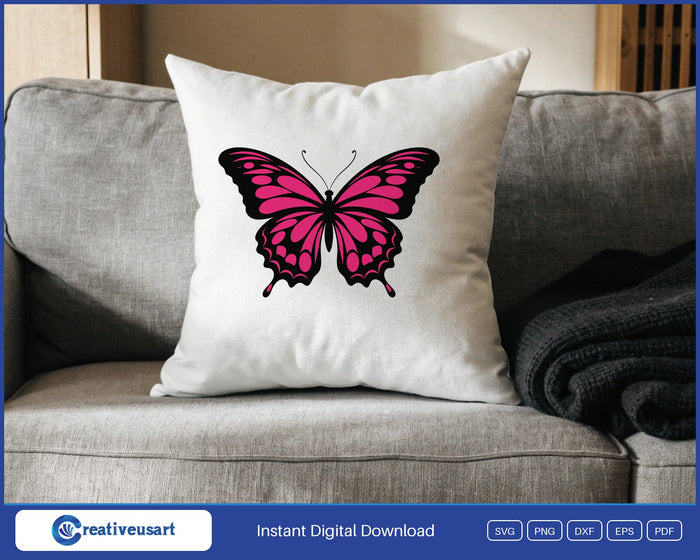 Pink and Black Butterfly with real black wing shapes SVG design on a white throw pillow