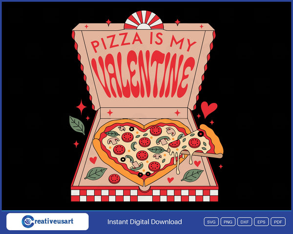 Pizza Is My Valentine retro box SVG, open pizza box with a heart-shaped pepperoni pizza and a cheese-pull slice