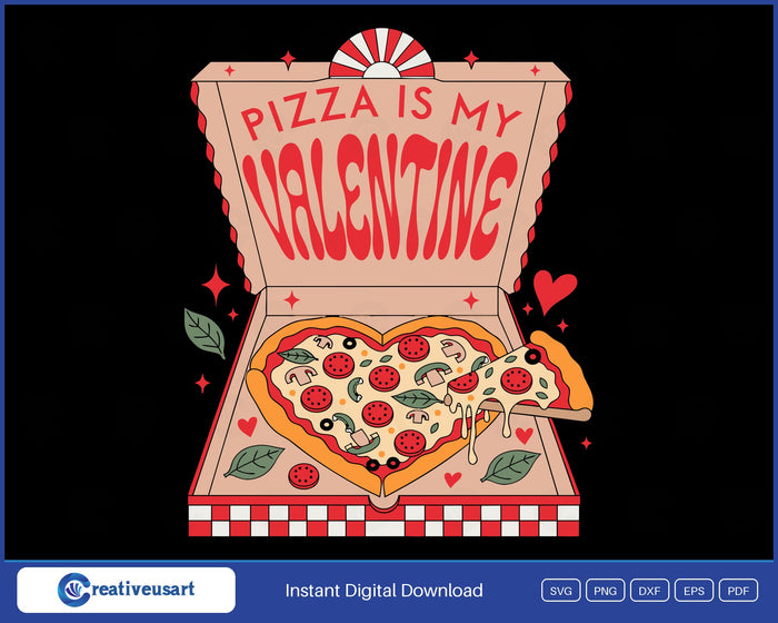 Pizza Is My Valentine retro box SVG, open pizza box with a heart-shaped pepperoni pizza and a cheese-pull slice