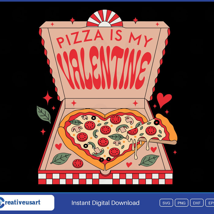 Pizza Is My Valentine retro box SVG, open pizza box with a heart-shaped pepperoni pizza and a cheese-pull slice